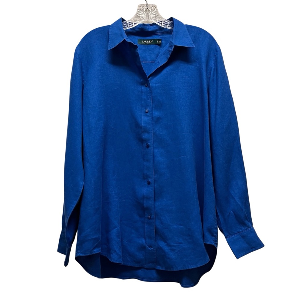 LRL Ralph Lauren Classic Button Up Linen Shirt Long Sleeve Large Royal Blue